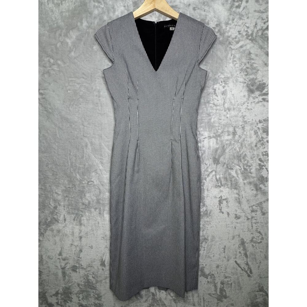 Antonio Melani Dress Womens 2 Black Houndstooth V Neck Sheath Cap Sleeve Career